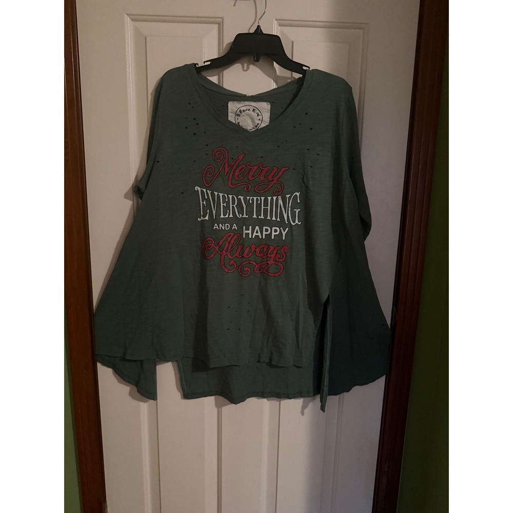 A Rare Bird Handmade Merry Everything Distressed Graphic Tunic Top Green V-Neck